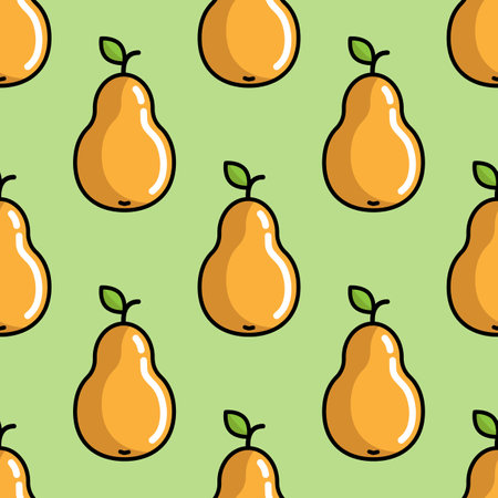 Vector seamless pattern with colorful pears on green background; flat pear icons; fruity design for fabric, wallpaper, wrapping paper, package, textile, tablecloth, web design.のイラスト素材