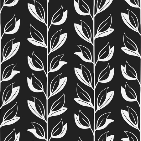 Vector seamless pattern with white vertical abstract branches and leaves on black background; floral design for fabric, wallpaper, textile, web design.のイラスト素材