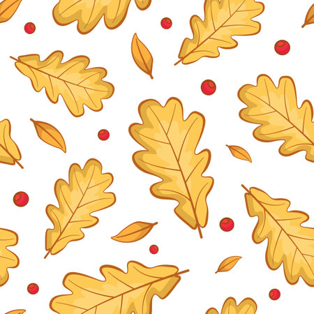Vector seamless pattern with autumn oak leaves and red berries. Nature design for fabric, wallpaper, textile, web design.のイラスト素材