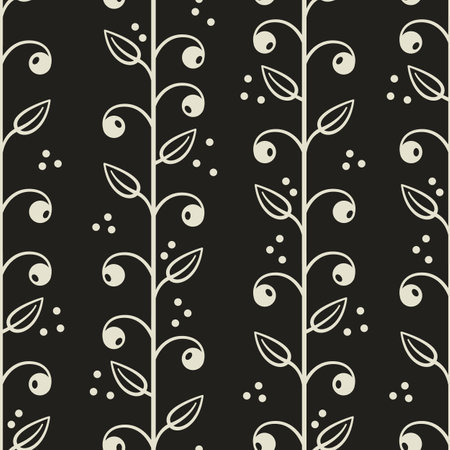 Floral seamless pattern with vertical branches, leaves and berries on black background. Simple abstract floral design for fabric, wallpaper, textile, web design.のイラスト素材