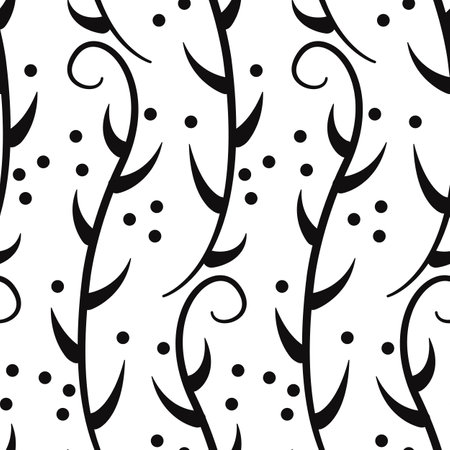 Floral seamless pattern with vertical branches. Black and white vector design. Isolated on white.のイラスト素材