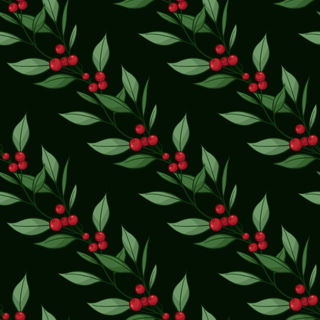 Floral seamless pattern with diagonal branches, leaves, berries on black background. Vector illustration. Isolated on white. Design for fabrics, wallpapers, textiles, web design.のイラスト素材