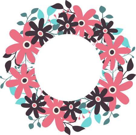 Floral round frame with space for text. Flowers, pink and blue. Isolated on white. Vector illustration.のイラスト素材