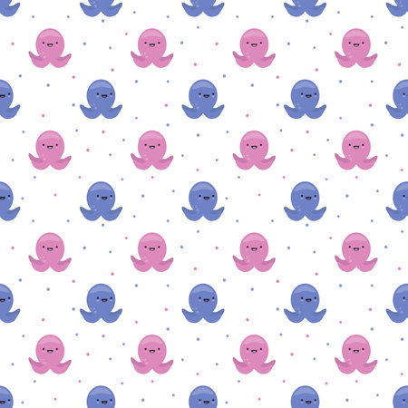 Vector seamless octopus pattern. Cute cartoon little pink and blue octopus. Isolated on white. Perfect for wrapping paper or textile.のイラスト素材