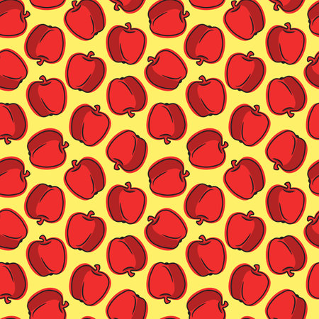 Vector seamless pattern with hand drawing apples on yellow background. Perfect for wrapping paper or textile.のイラスト素材