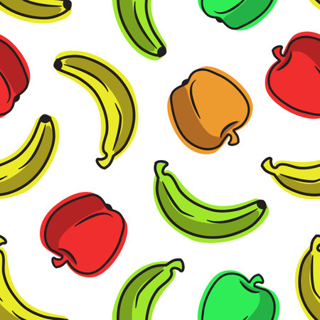 Vector seamless pattern with hand drawing colorful fruits. Bananas and apples on white background. Perfect for tablecloths or fabric.のイラスト素材