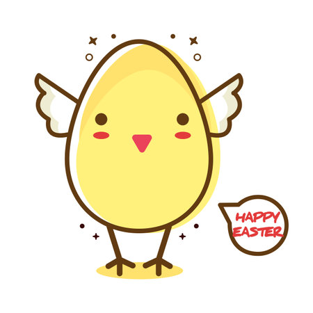 Happy Easter lettering greeting card. Cute cartoon chick on white background. Vector illustration for holiday poster, etc.のイラスト素材