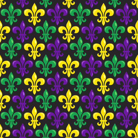 Mardi Gras vector seamless pattern with colorful fleur-de-lis on black background. Perfect for wrapping paper, fabric or greetings cards.のイラスト素材