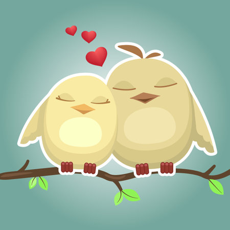 Two cute cartoon birds on branch. Vector illustration for Valentine`s Day.のイラスト素材