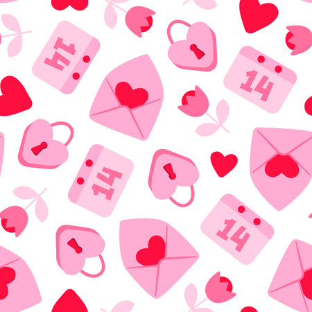Valentine`s Day vector seamless pattern; cute holiday design for greeting cards, wallpaper, fabric, wrapping paper, textile, package, web design.のイラスト素材