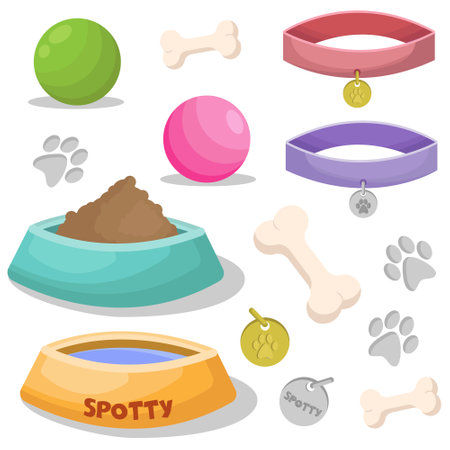 Pet Shop collection; dog stuff on white background; vector illustration for packaging, stickers, posters, banners, web design.のイラスト素材