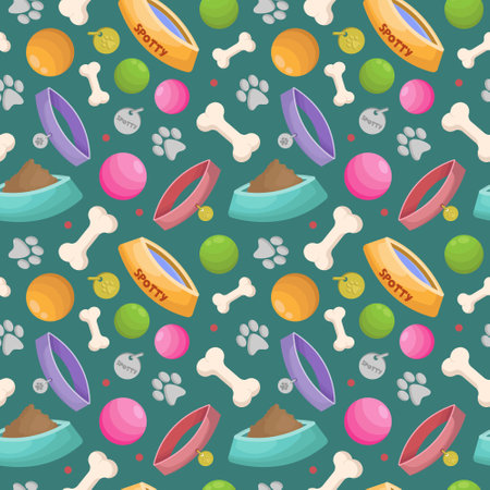 Pet Shop vector seamless pattern on blue background; pet stuff for fabric, wallpaper, wrapping paper, packaging, textile, web design.のイラスト素材