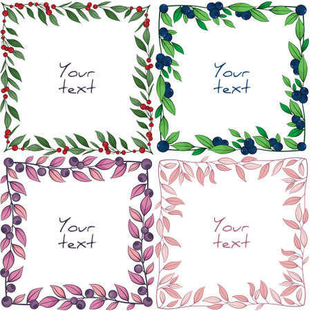 Set of foliate frames; square frames with berries and leaves for greeting cards, wedding cards, posters, banners, invitations, web design.のイラスト素材