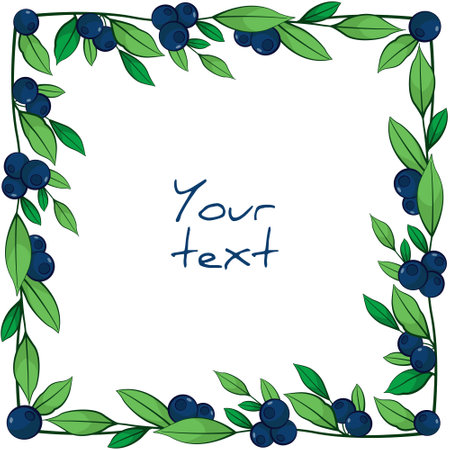 Vector berry frame; square frame with blueberries for greeting cards, invitations, wedding cards, posters, banners, web design.のイラスト素材