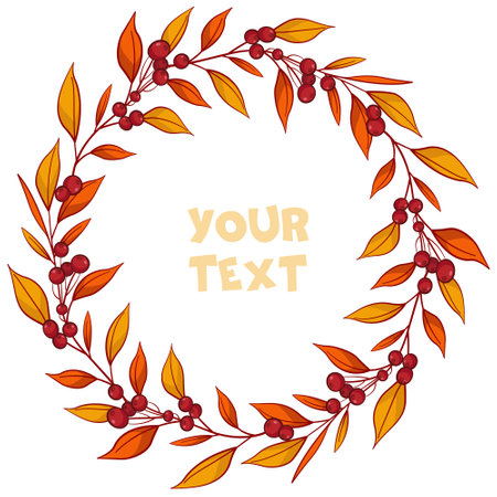 Autumn floral wreath; round autumn cranberry frame for greeting cards, invitations, wedding cards, posters, banners, web design.のイラスト素材