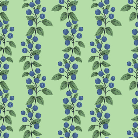 Vector seamless pattern with vertical blueberry branches on green background; berry design for fabric, wallpaper, wrapping paper, textile, package, web design.のイラスト素材