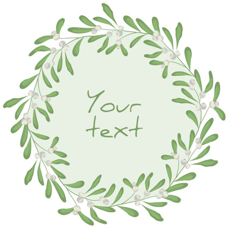 Mistletoe wreath; round frame with white mistletoe for greeting cards, invitations, posters, banners, packaging.のイラスト素材