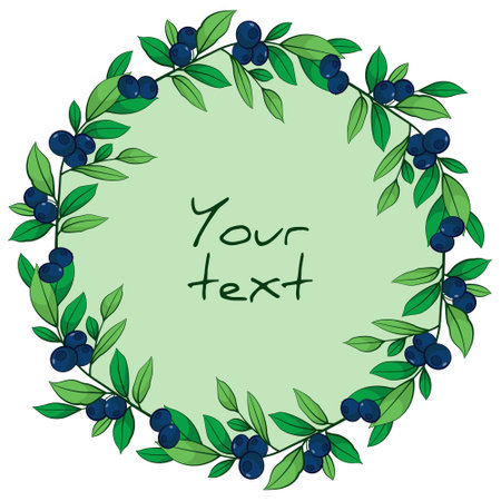 Blueberry wreath; round frame with blueberries and green leaves for greeting cards, invitations, posters, banners, packaging.のイラスト素材