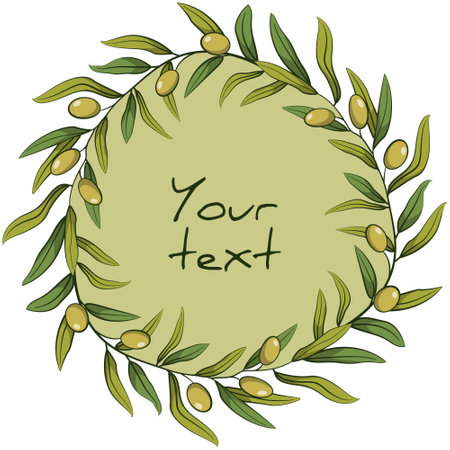 Olive wreath; round frame with green olives; natural frame for greeting cards, invitations, posters, banners, packaging.のイラスト素材