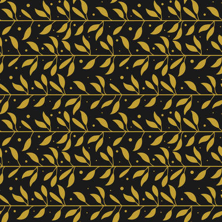 Vector seamless pattern with gold horizontal foliate lines on black background; abstract foliate...