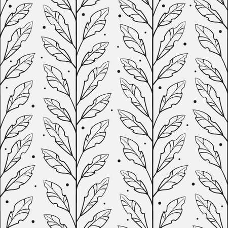Vector seamless pattern with vertical black branches with leaves on gray background; for wrapping paper, greeting cards, posters, banners.のイラスト素材
