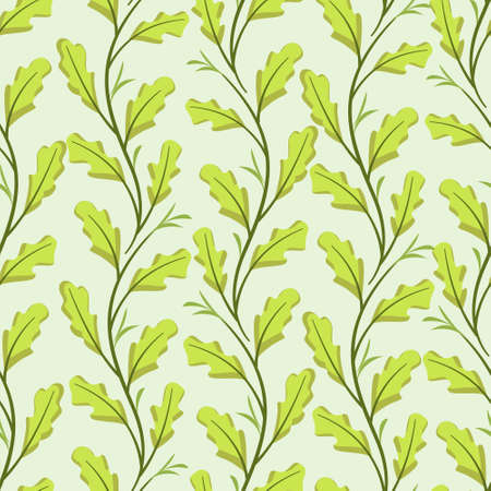Vector seamless pattern with vertical oak twigs; for greeting cards, wrapping paper, packaging, posters, banners.のイラスト素材