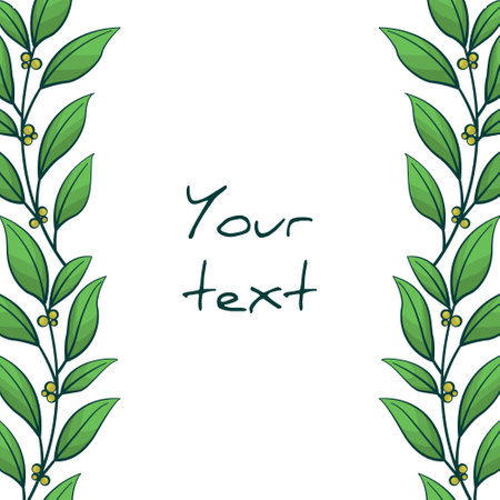 Vertical foliate borders; twigs with green leaves and yellow berries; for greeting cards, invitations, posters, banners.のイラスト素材