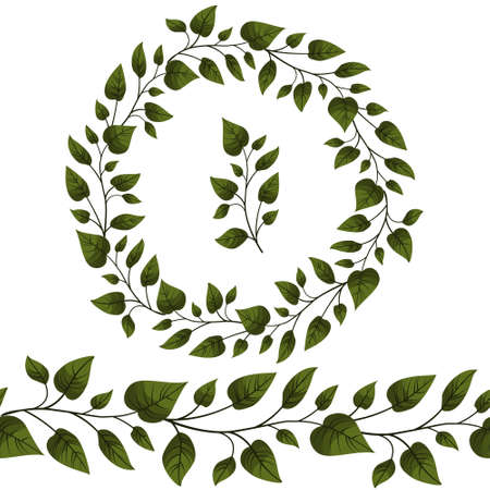 Seamless brush and round frame, border with green leaves for greeting cards, invitations, posters, banners.のイラスト素材