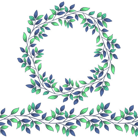Seamless brush and round frame, border with blue and green leaves for greeting cards, invitations, posters, banners.のイラスト素材