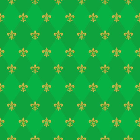 Mardi Gras seamless pattern with Fleur De Lis; green rhombuses; holiday background for greeting cards, invitations, posters, banners.のイラスト素材