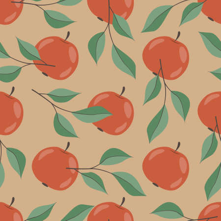 Apple seamless pattern. Red apples and apple branches on beige background. Hand-drawing design for packaging, wrapping paper, fabric, textile.のイラスト素材