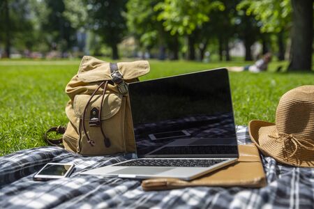 Laptop, backpack and smartphone on plaid blanket on a green grass lawn in the park. Smart working from city park in a bright sunshine summer day.の写真素材