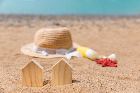 House at the seashore on a hot sunny day. Concept of vacation and holiday in the house by the sea.