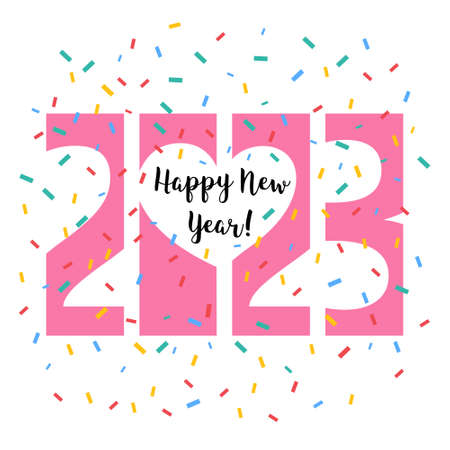 2023 new year, bright multicolored inscription greeting with heart and confetti. Vector
