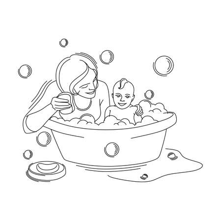 woman washes a baby in a bath, a mother and a child. The concept of motherhood and child care in a linear style. isolated vectorのイラスト素材