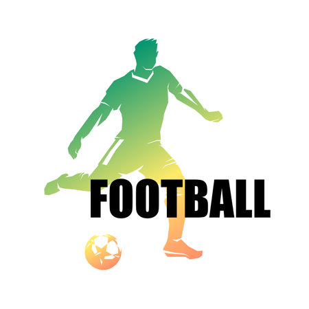 Soccer player with a ball, color isolated image with a yellow-green gradient on a white background with an inscription, a template for the concept of football. vector illustrationのイラスト素材