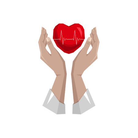 Illustration of save heart with heartbeat concept. Protection of the heart from disease and illness. Hand holding heart. medical icon. Flat defibrillator vector illustration EPS 10のイラスト素材