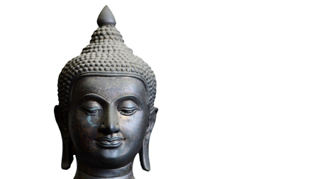 Buddha face closeup isolated on whiteの写真素材