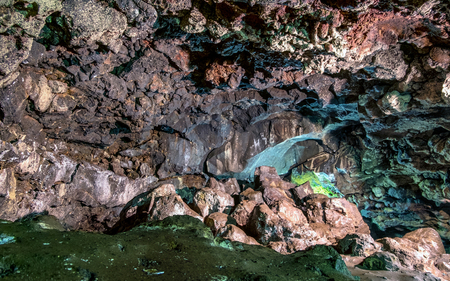 Beautiful view of cave wall in cave passage, showing detail of the rock texture, illuminated by lamp,  Captured from Lawa cave, Purbalingga, Indonesia.のeditorial素材