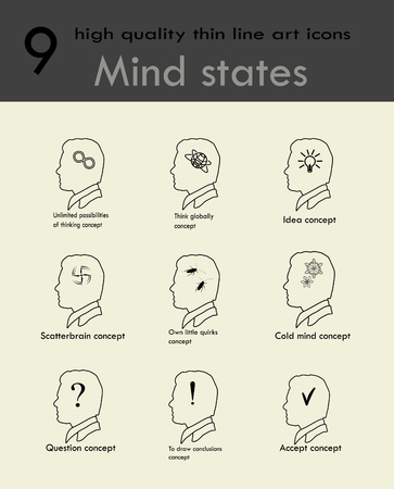 State of mind abstract icons set. Mind states thin line art icons set with various emotions, mental attitudes, moods in retro style.Linear style symbols.Classic profile of an intelligent person.のイラスト素材