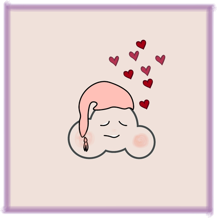 Funny cartoon cloud in the sky hood with little hearts dreams.Hand drawn. Kids style.Poster / card / vector.のイラスト素材