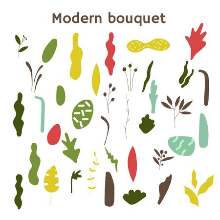 Abstract set of herbs and leaves. Modern bouquet. Vector elements isolated on whiteのイラスト素材
