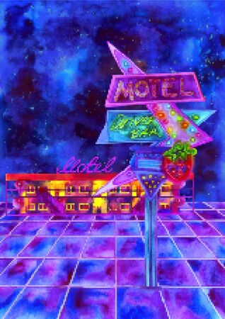 retro night neon motel billboard and futuristic landscape 80s-90s retro games style, pixel art. Vector illustrationのイラスト素材