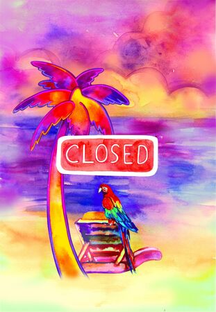 Concept of quarantine in resort. Rest by the sea is closed. Sunset on the beach. palm. deck chair. sea. parrot. quarantine. watercolor illustrationの写真素材