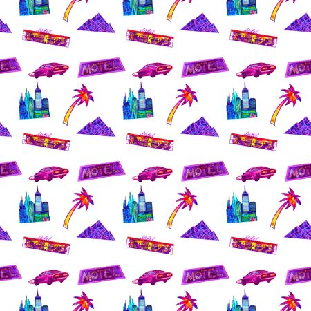 Retro 80s-90s aesthetics style seamless pattern. Hand drawn illustration isolated on white. For textile designの写真素材