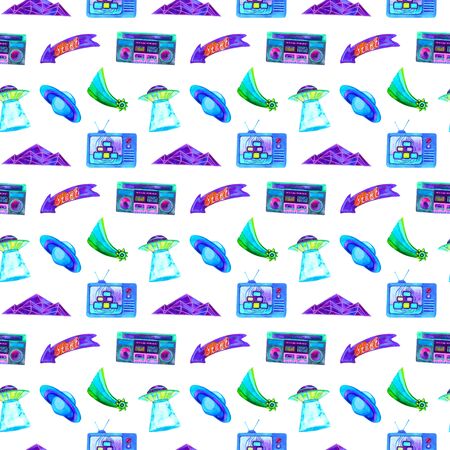 Retro 80s-90s aesthetics style seamless pattern. Hand drawn illustration isolated on white. For textile designの写真素材