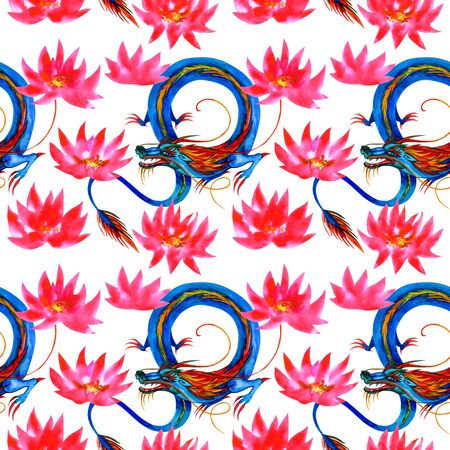 Asian dragons with lotus flowers. Seamless pattern isolated on white background. Kimono style fabric, textileの写真素材