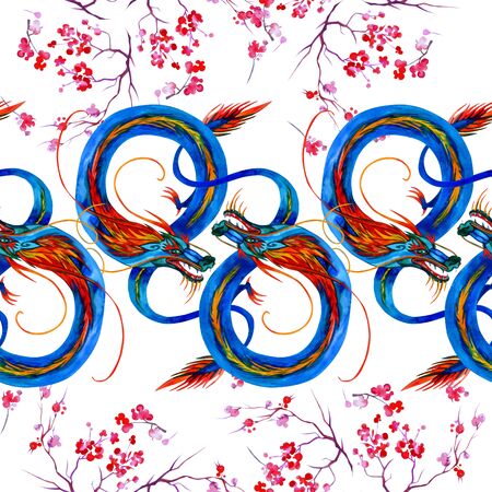 Asian dragons with sakura trees. Seamless pattern isolated on white background. Kimono style fabric, textileの写真素材