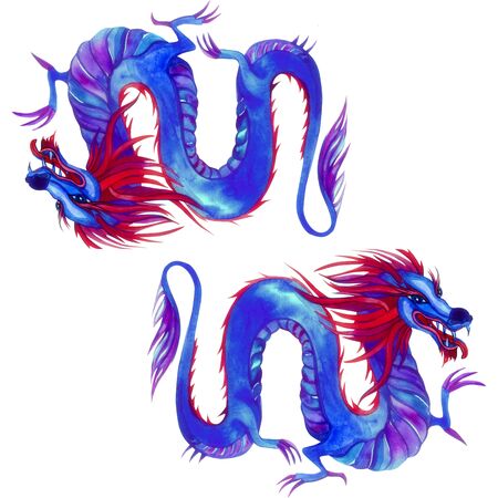 Exotic asian blue dragons. Seamless pattern isolated on white background. Kimono style fabric, textileの写真素材