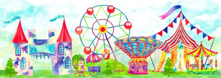 Fun fair panorama. Amusement park banner. Circus, carnival theme. Ferris wheel, fair ride, carousels, attraction, clowns and other. Cute colorful hand drawn watercolor illustrationの写真素材